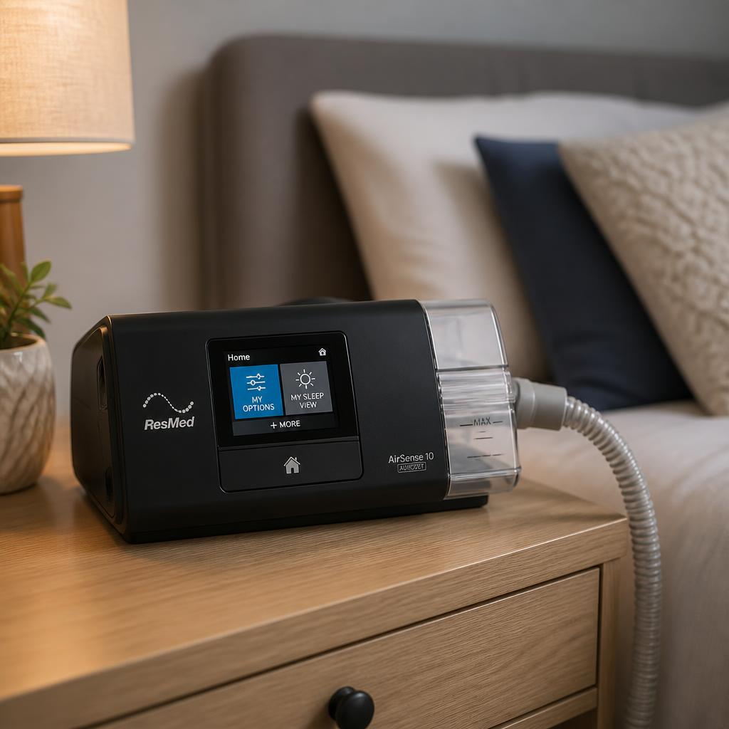 A modern CPAP machine on a nightstand